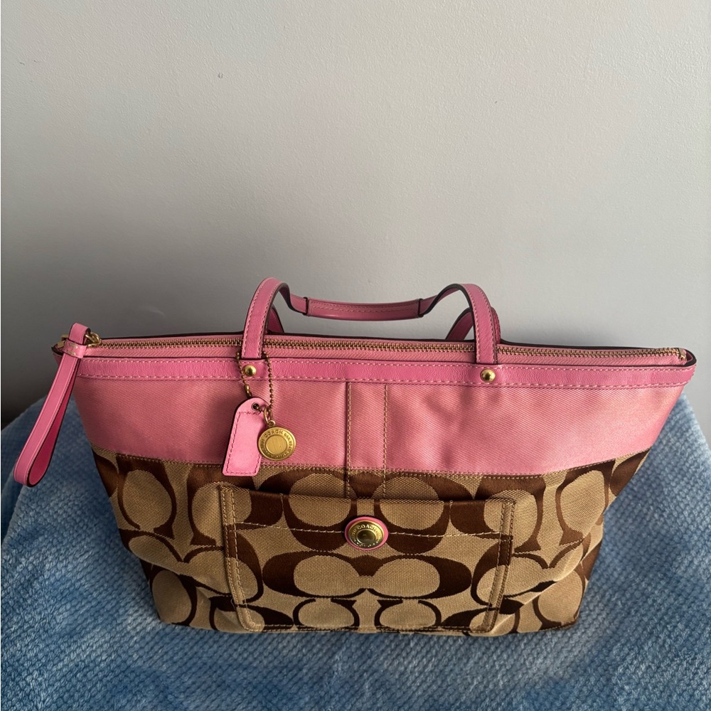 Coach Brown Signature Canvas Tote with Pink Trim - Picture 3 of 7